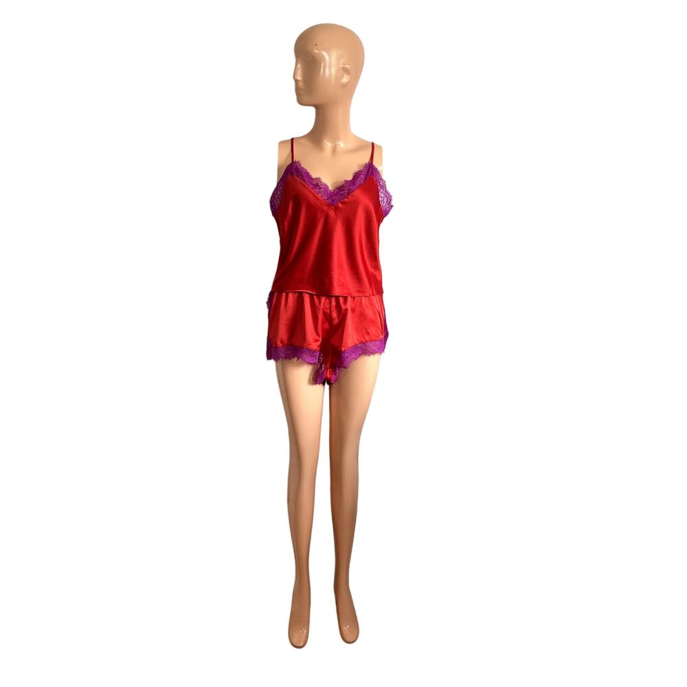 Savage X Fenty Red Purple Lace Camisole Shorts M Lingerie Set Romantic Feminine